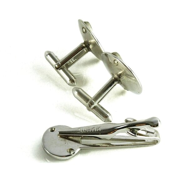 Swank Letter G Initial Cufflinks Set w Tie Clip Bar Vintage Silvertone Monogram - Picture 5 of 6